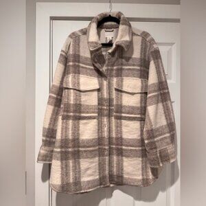 H&M Women’s Camel/White/Brown Oversized Plaid Shacket Size L🤎🤍